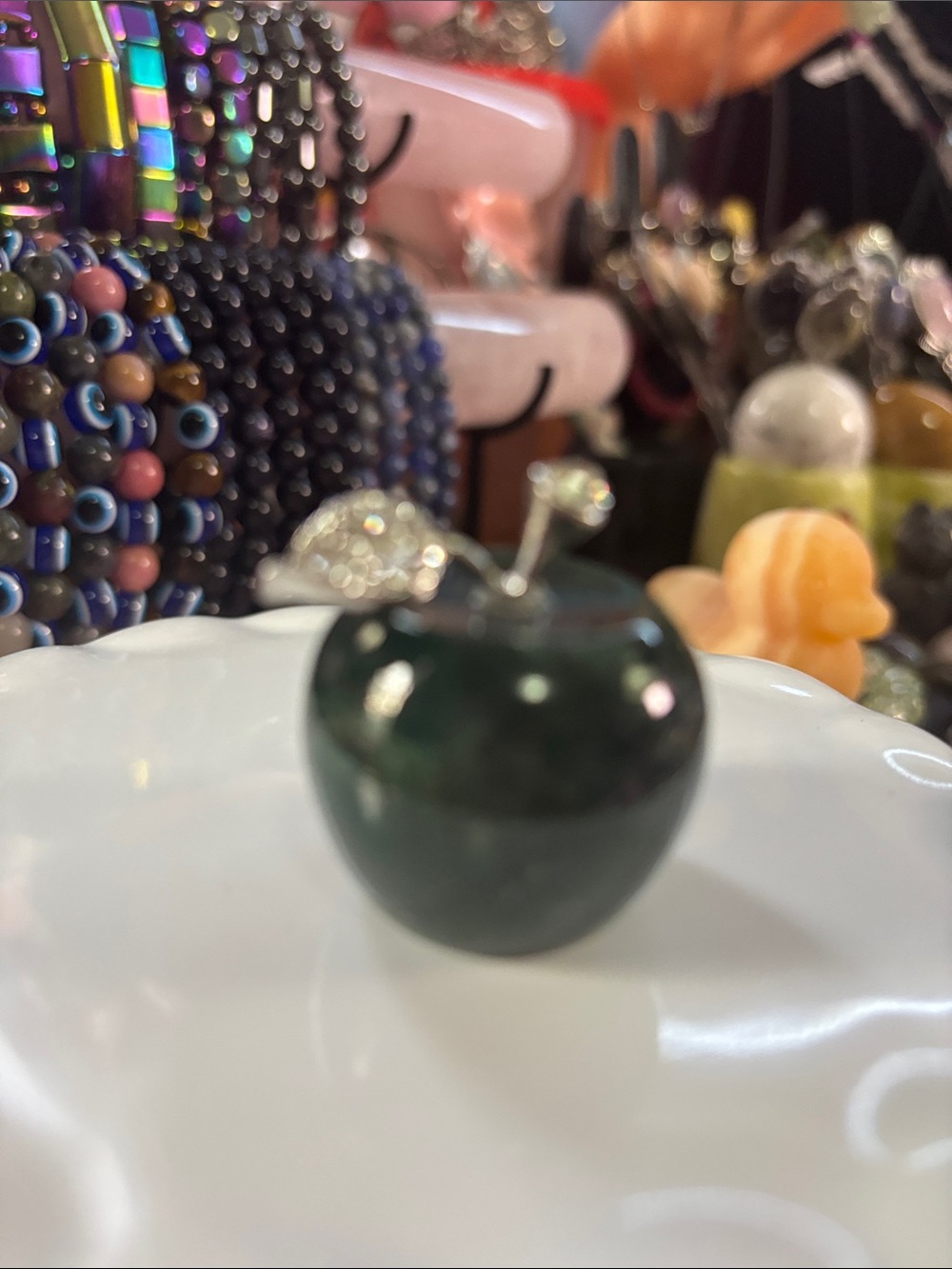 Moss Agate 30mm Apple Figurine with Silver Stem
